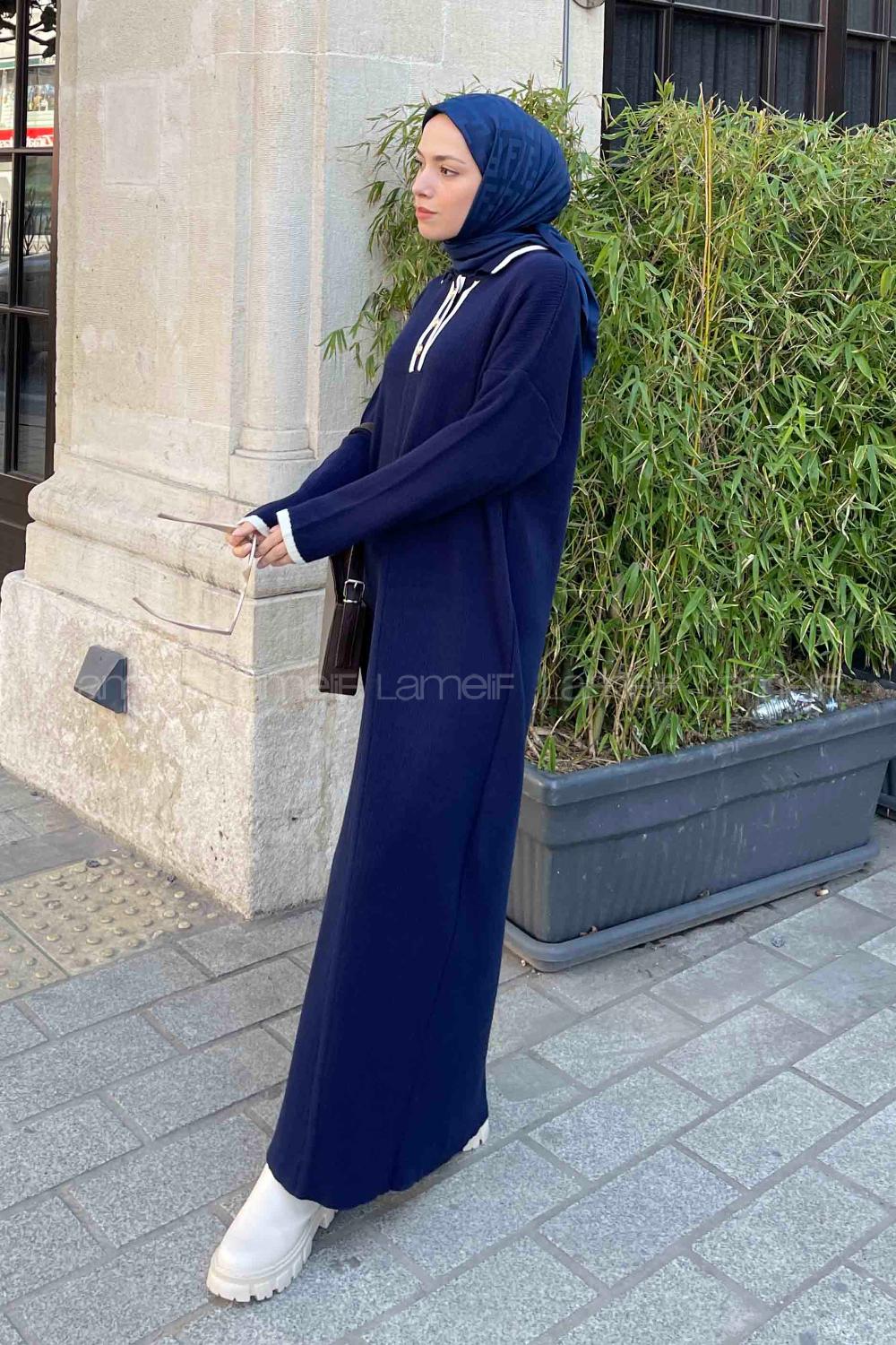 Lamelif Gold Düğme  Detaylı Triko Elbise Lacivert