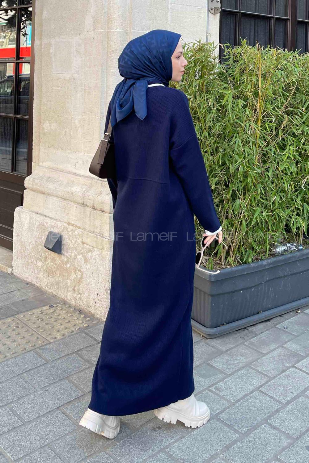 Lamelif Gold Düğme  Detaylı Triko Elbise Lacivert