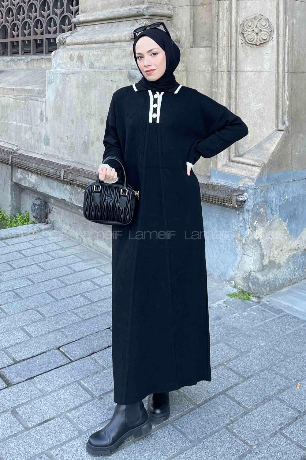 Lamelif Gold Düğme  Detaylı Triko Elbise Siyah