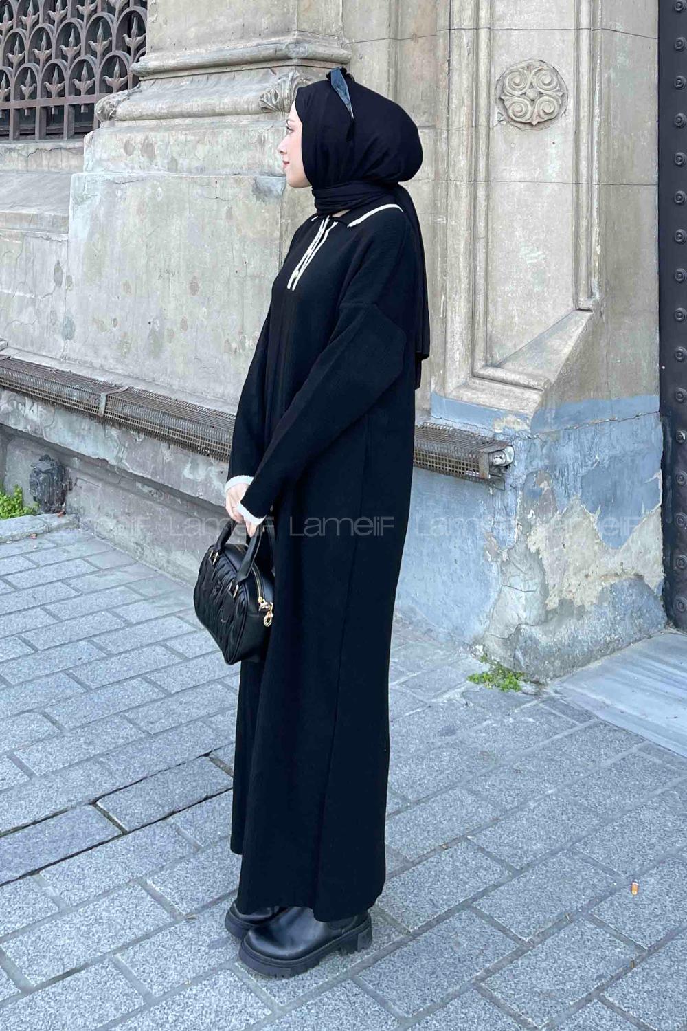 Lamelif Gold Düğme  Detaylı Triko Elbise Siyah