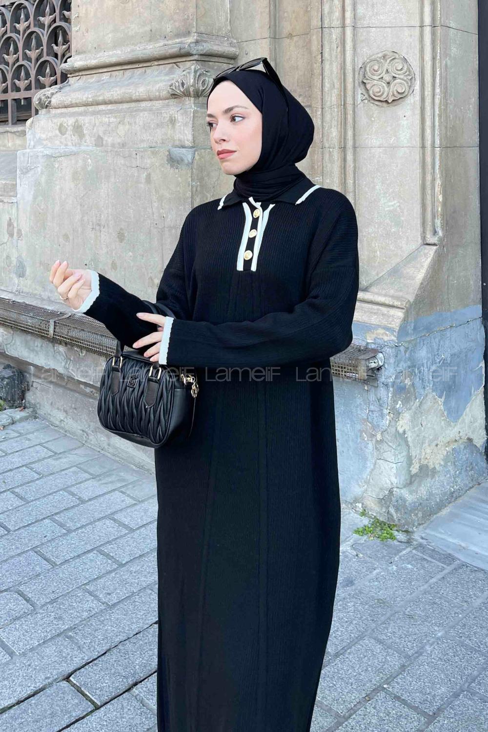 Lamelif Gold Düğme  Detaylı Triko Elbise Siyah