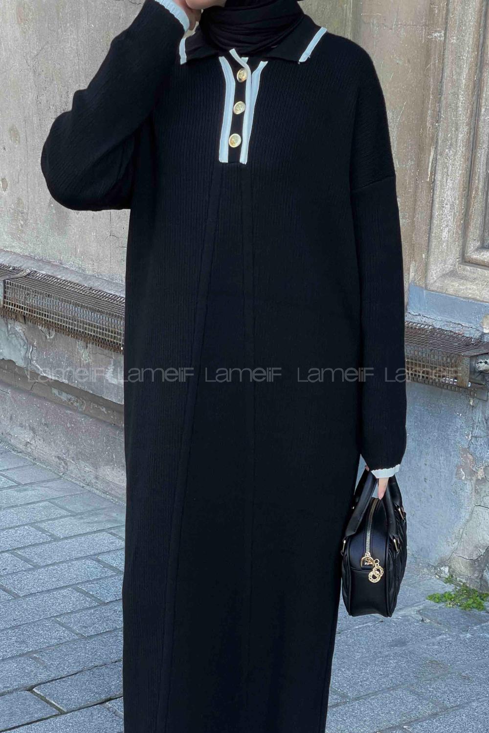 Lamelif Gold Düğme  Detaylı Triko Elbise Siyah