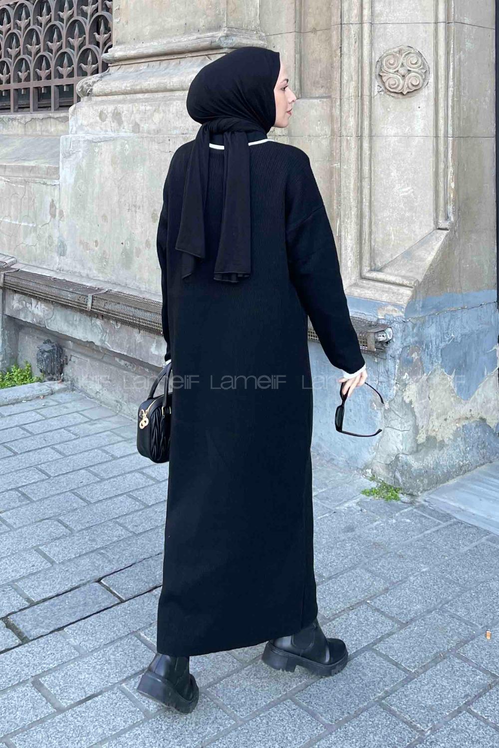 Lamelif Gold Düğme  Detaylı Triko Elbise Siyah