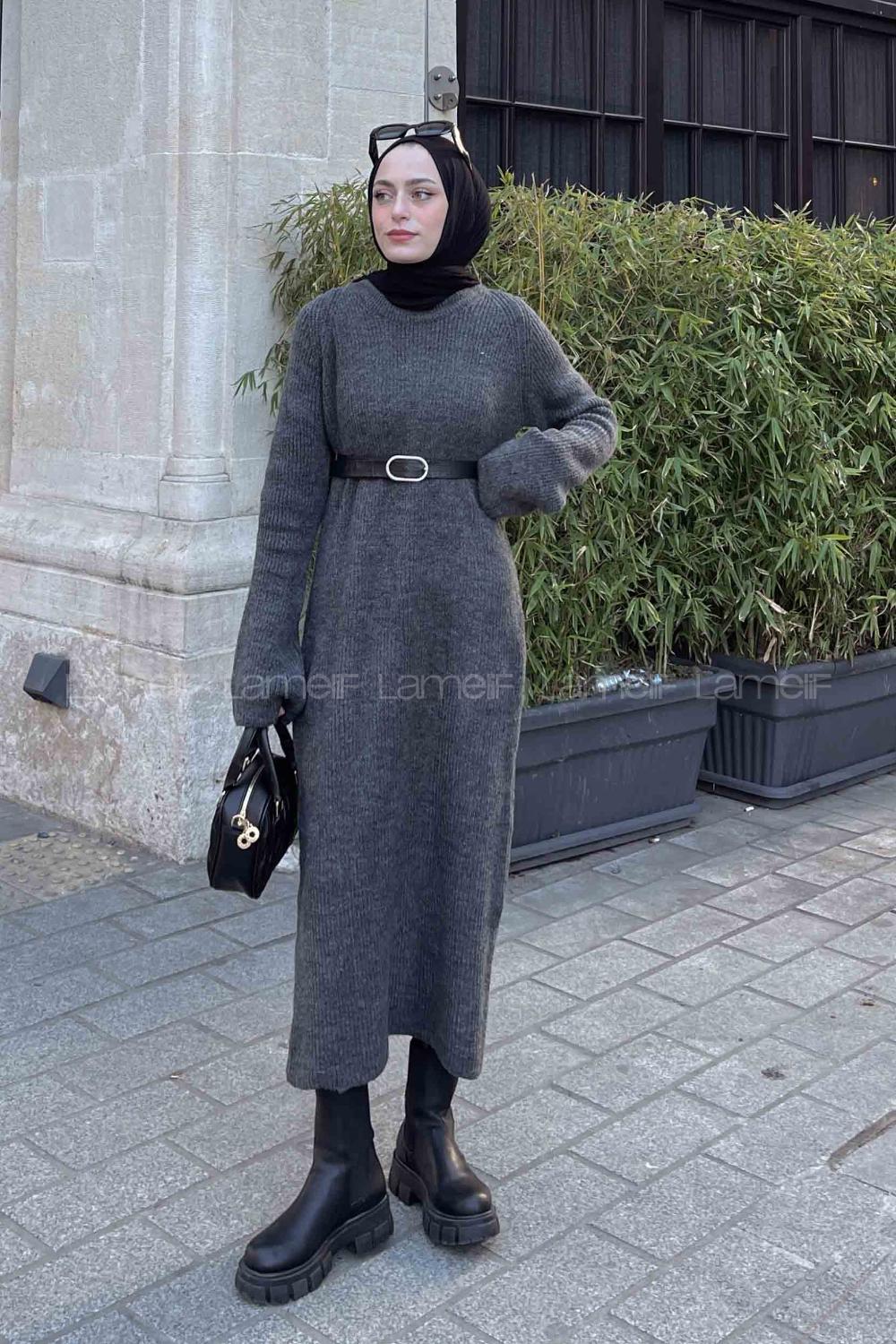 Lamelif İpek Selanik Uzun Elbise Füme