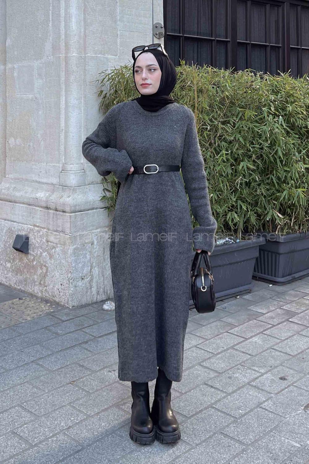 Lamelif İpek Selanik Uzun Elbise Füme