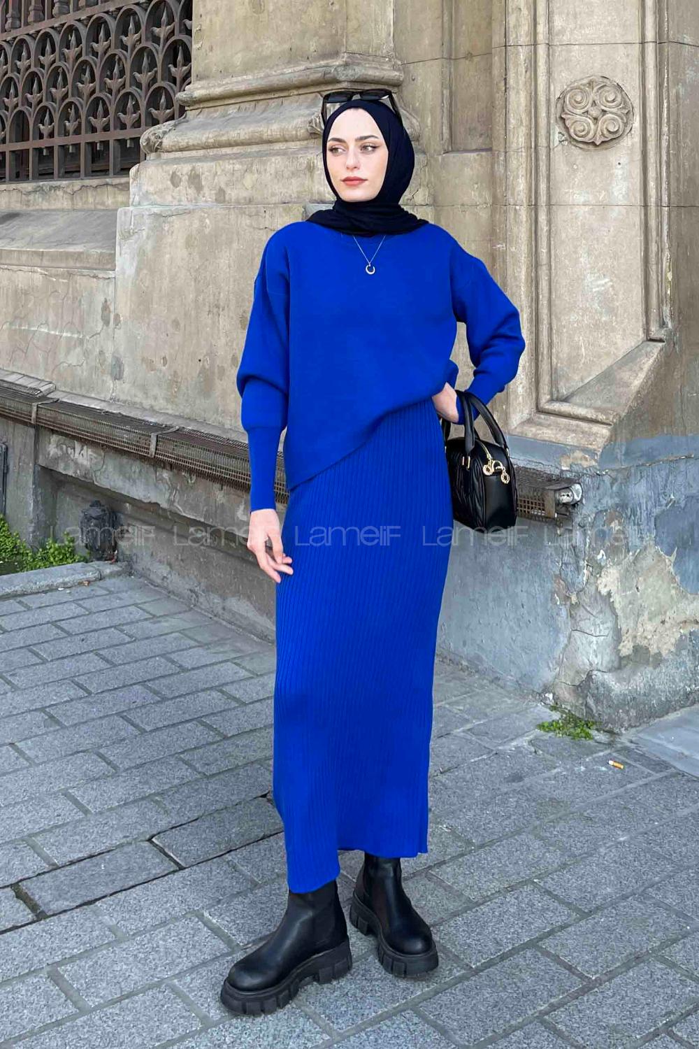 Lamelif Kazak Elbise İkili Triko Takım Saks Mavisi