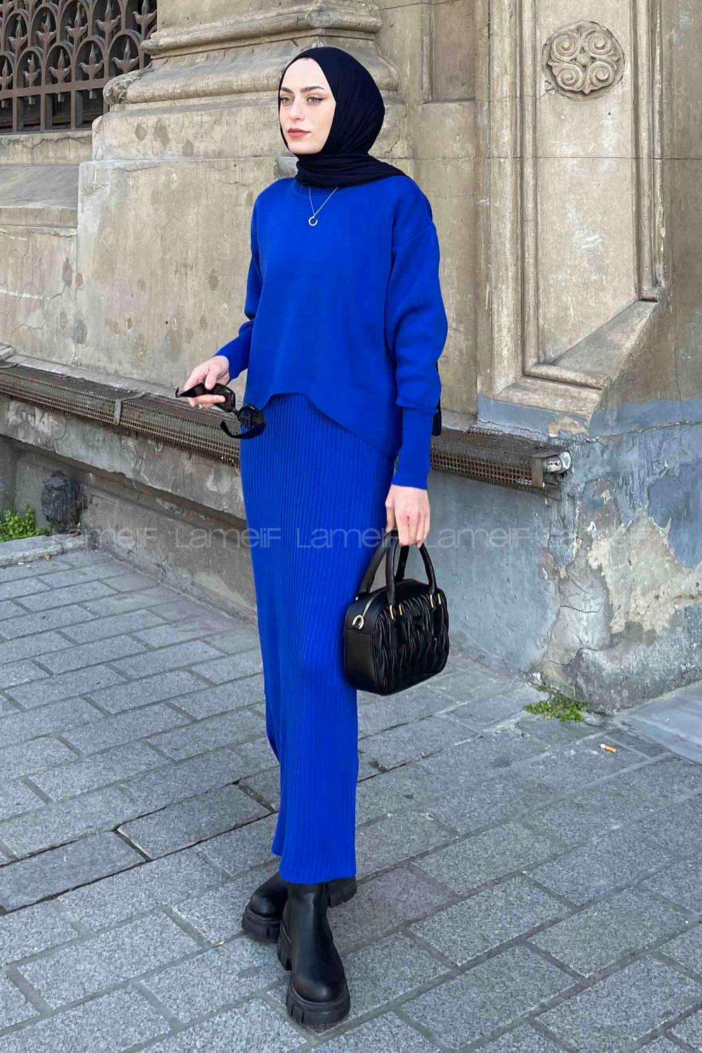 Lamelif Kazak Elbise İkili Triko Takım Saks Mavisi