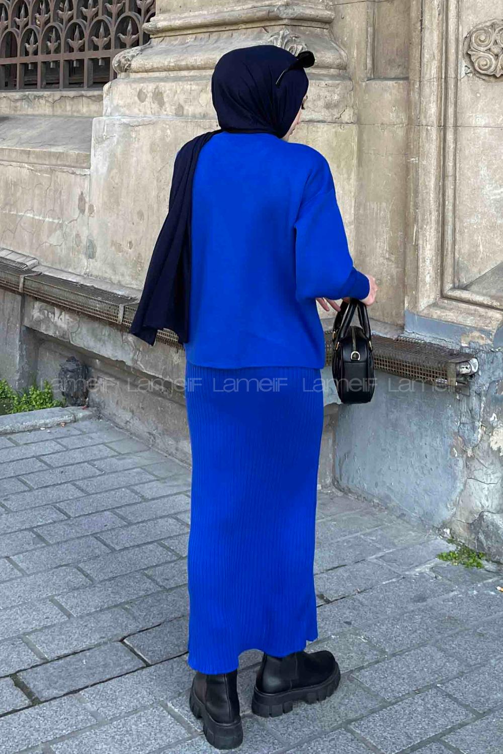 Lamelif Kazak Elbise İkili Triko Takım Saks Mavisi