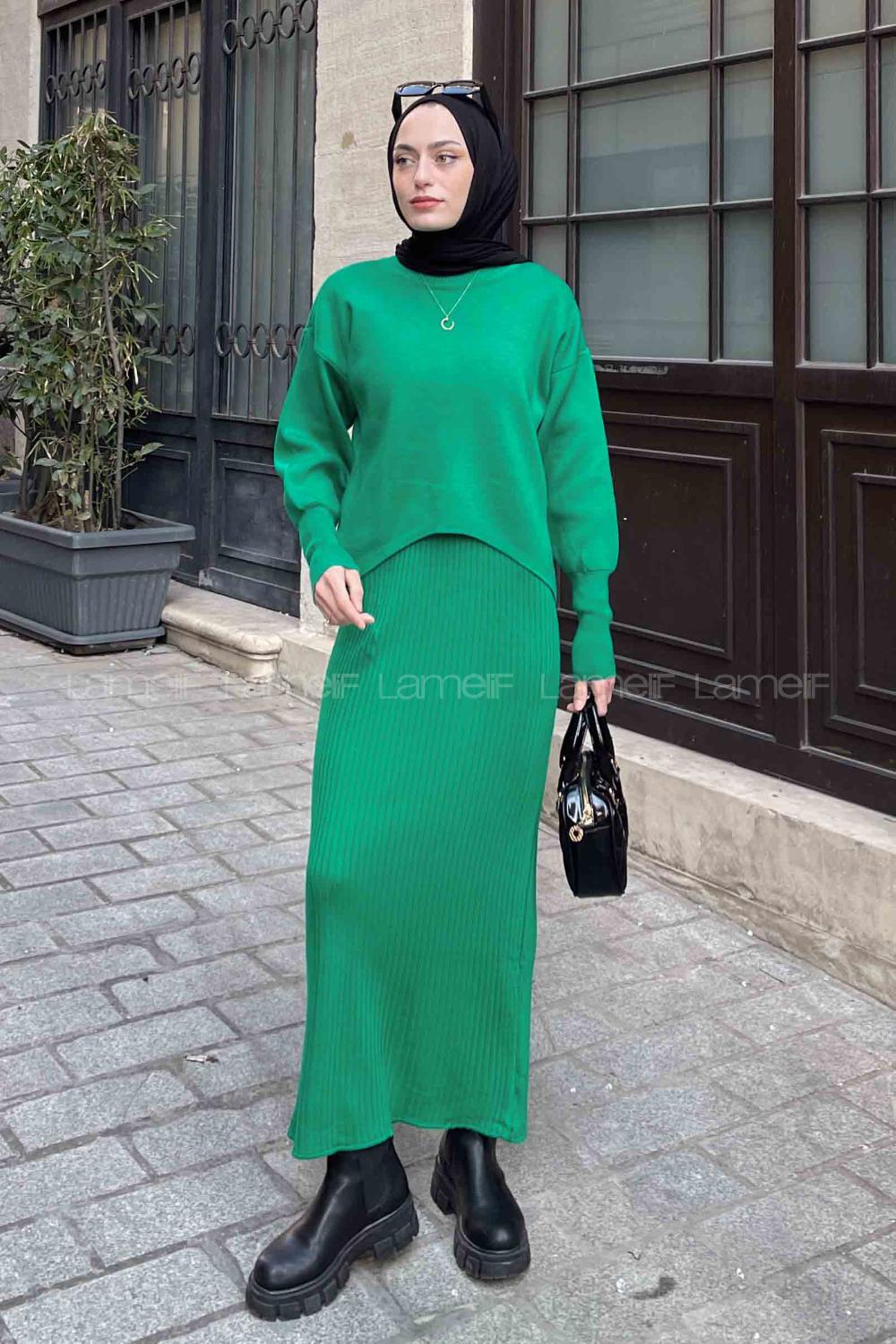 Green Turtle Neck Balloon Sleeve Arm Knitwear Pencil Skirt Suit