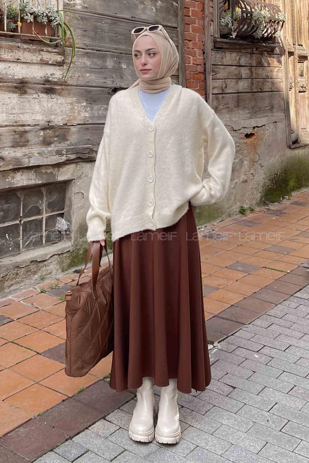 Lamelif Şardonlu Düz Hırka Ekru