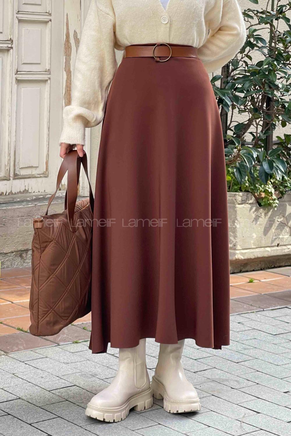 Brown Viscose Fabric Flare Skirt