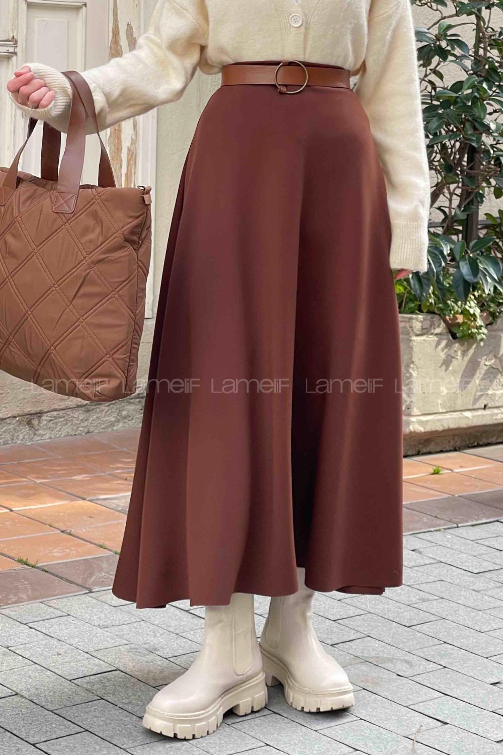 Brown Viscose Fabric Flare Skirt