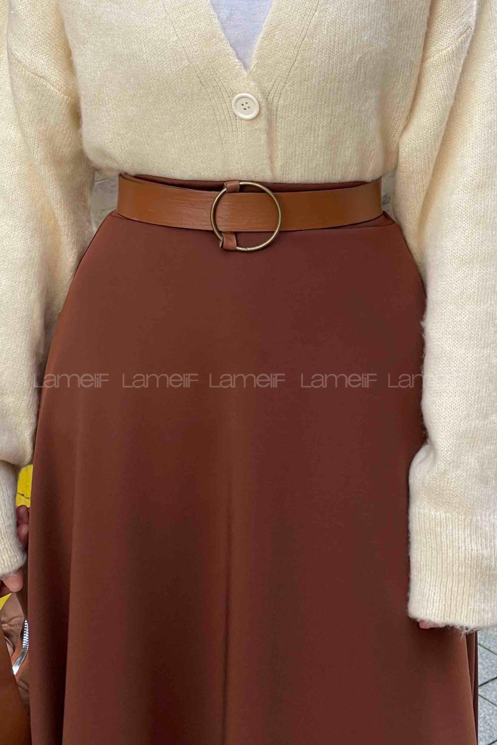 Brown Viscose Fabric Flare Skirt