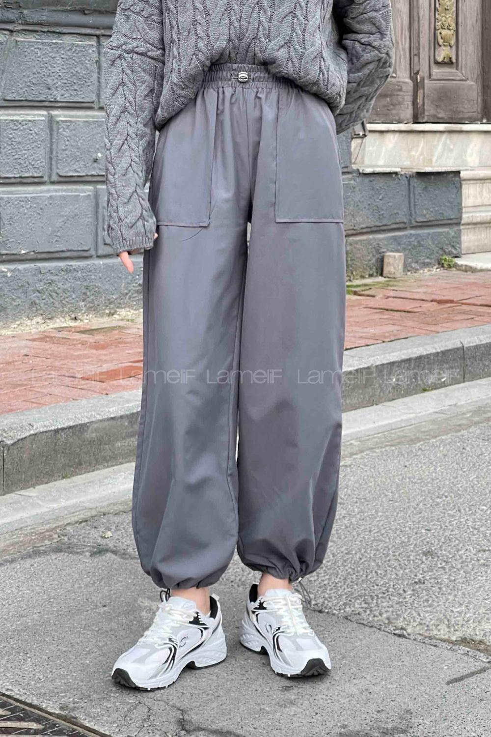 Lamelif  Stoperli  Soft Paraşüt Pantolon Antrasit