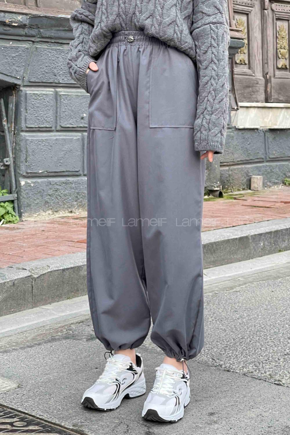 Lamelif  Stoperli  Soft Paraşüt Pantolon Antrasit