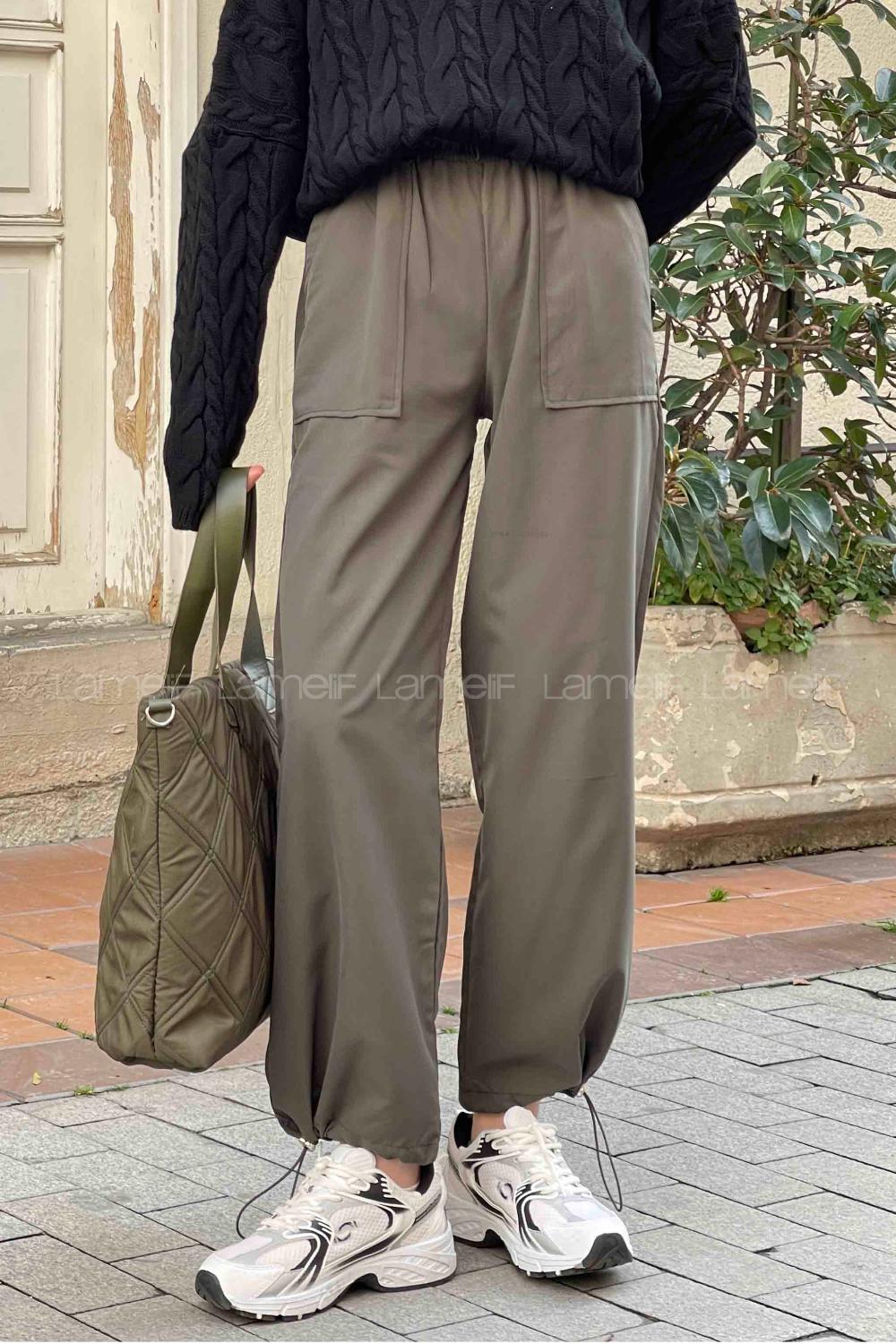 Lamelif  Stoperli  Soft Paraşüt Pantolon Haki