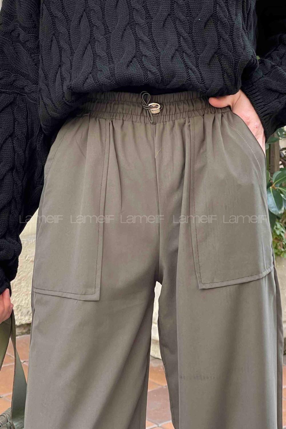 Lamelif  Stoperli  Soft Paraşüt Pantolon Haki