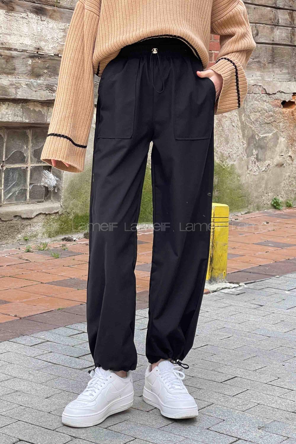 Lamelif  Stoperli  Soft Paraşüt Pantolon Siyah