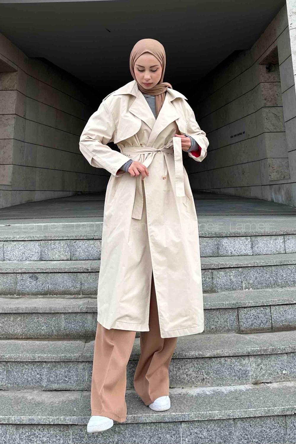 Lamelif Allerli Kruvaze Trenç Taş Fuşya