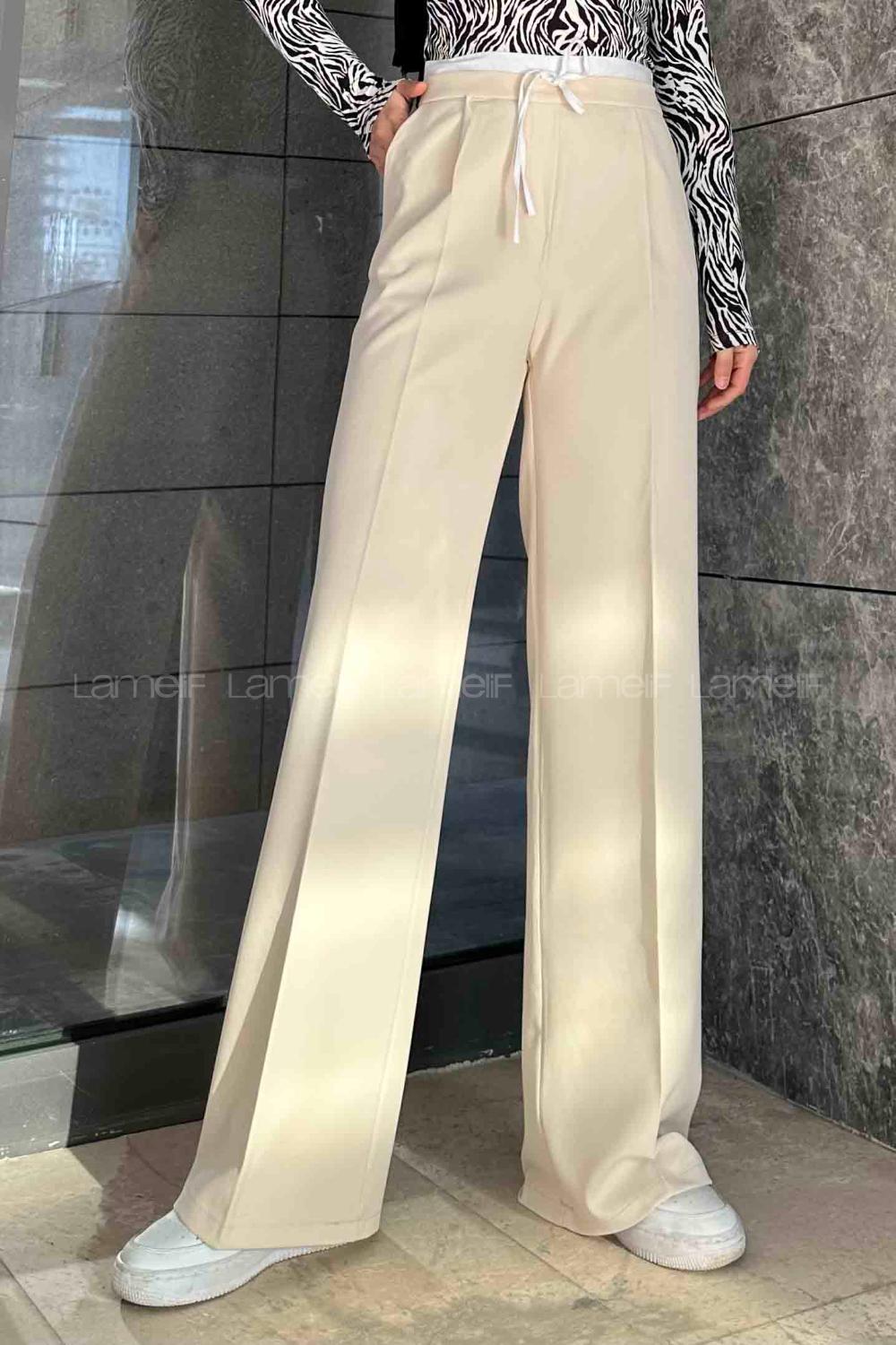 Lamelif Bağcık Detaylı Garnili Pantolon  Krem