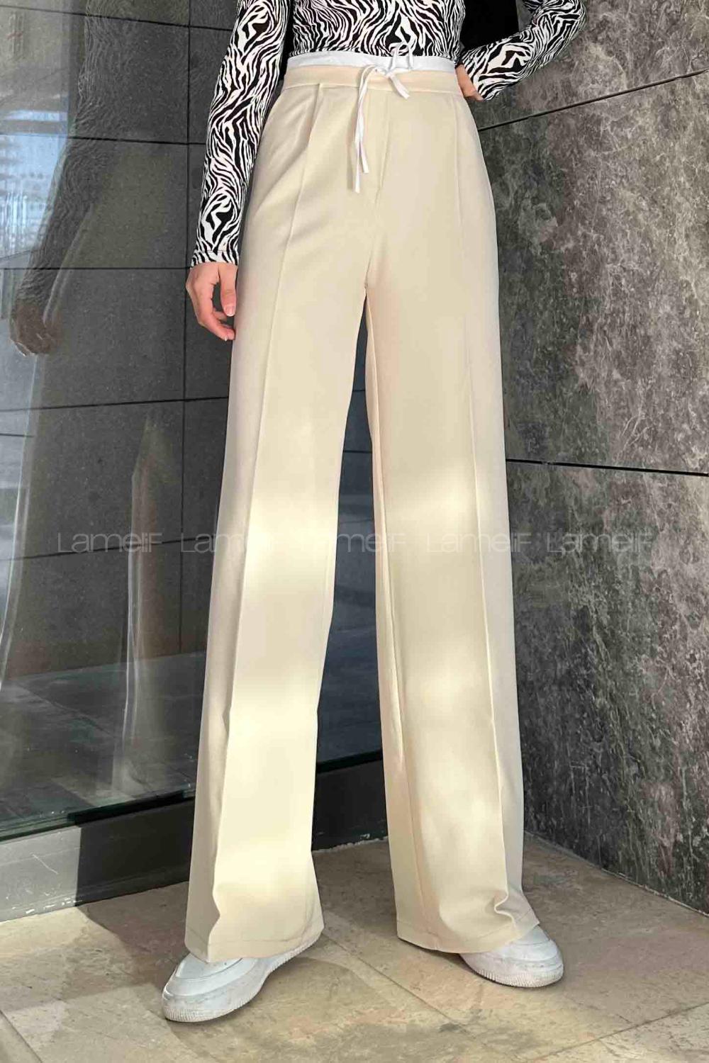 Lamelif Bağcık Detaylı Garnili Pantolon  Krem