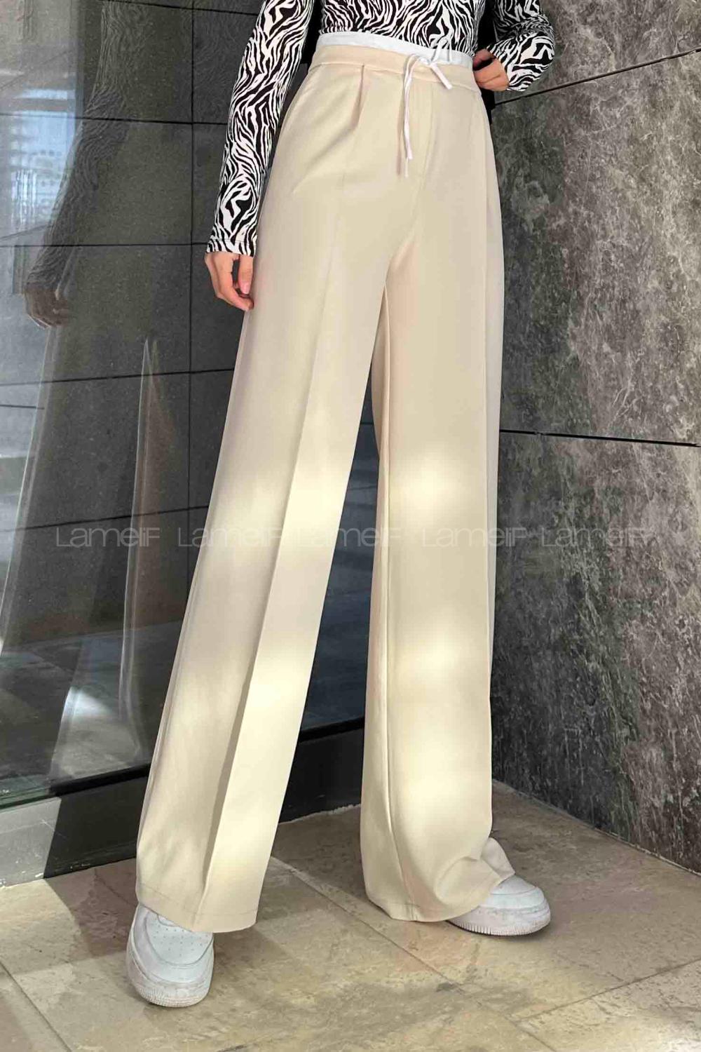 Lamelif Bağcık Detaylı Garnili Pantolon  Krem