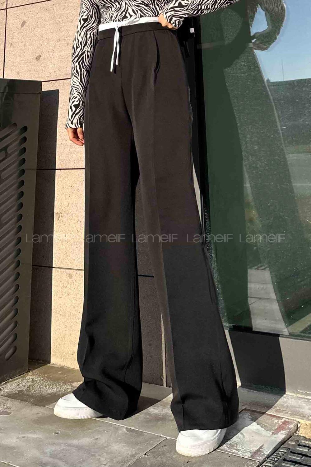 Lamelif Bağcık Detaylı Garnili Pantolon Siyah