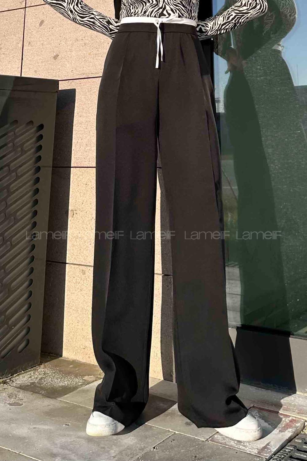 Lamelif Bağcık Detaylı Garnili Pantolon Siyah