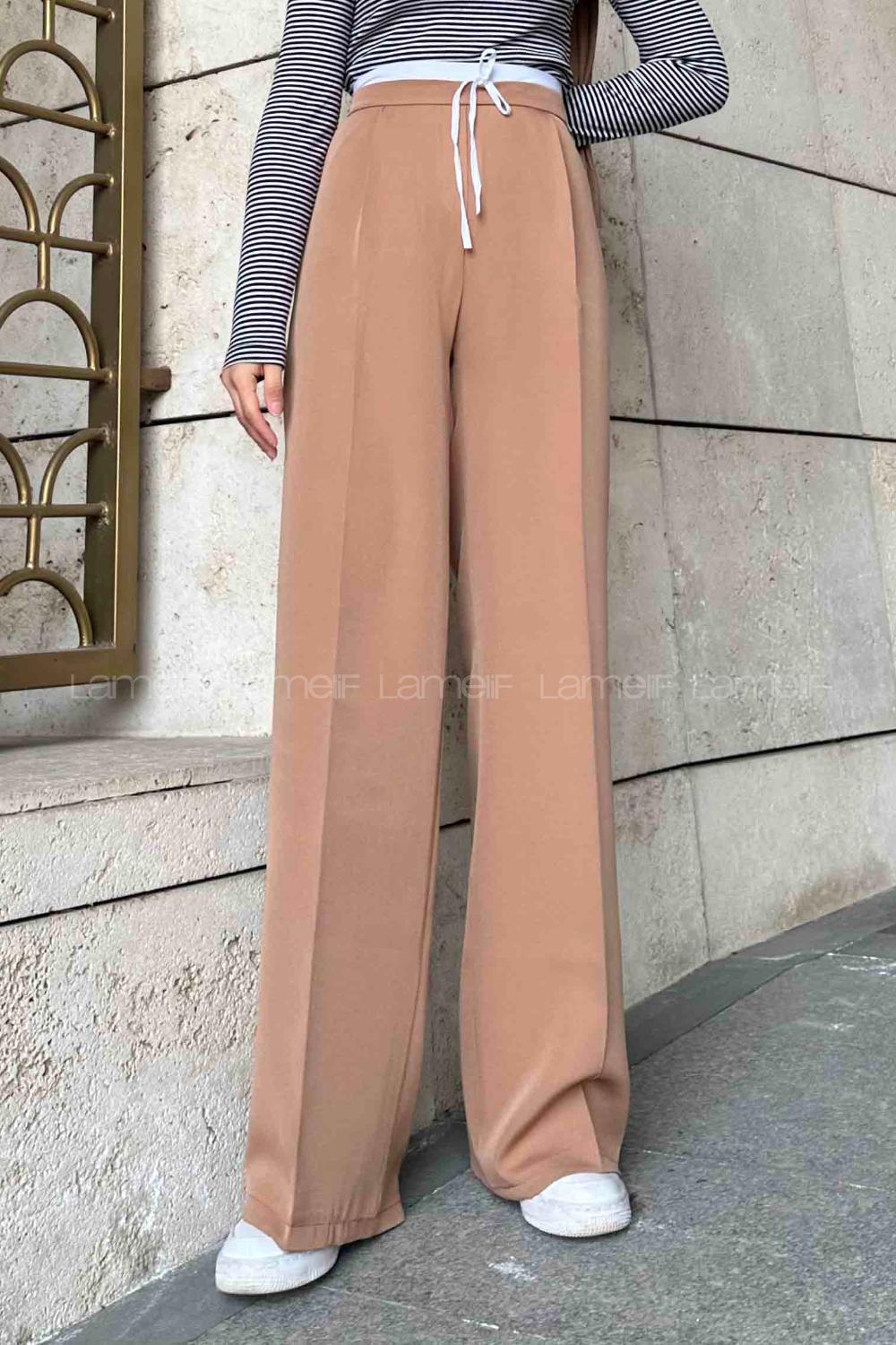 Lamelif Bağcık Detaylı Garnili Pantolon Sütlü Kahve