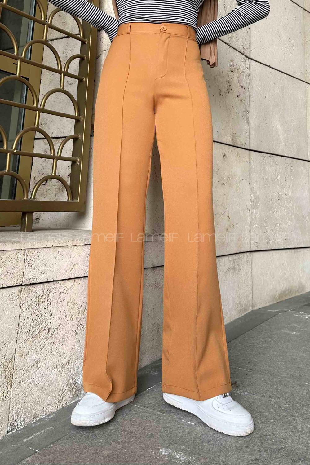 Lamelif Çımalı Bol Paça Pantolon Camel