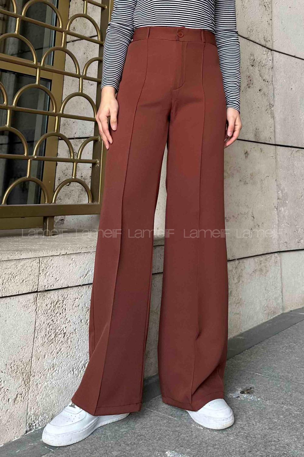 Lamelif Çımalı Bol Paça Pantolon Kahverengi