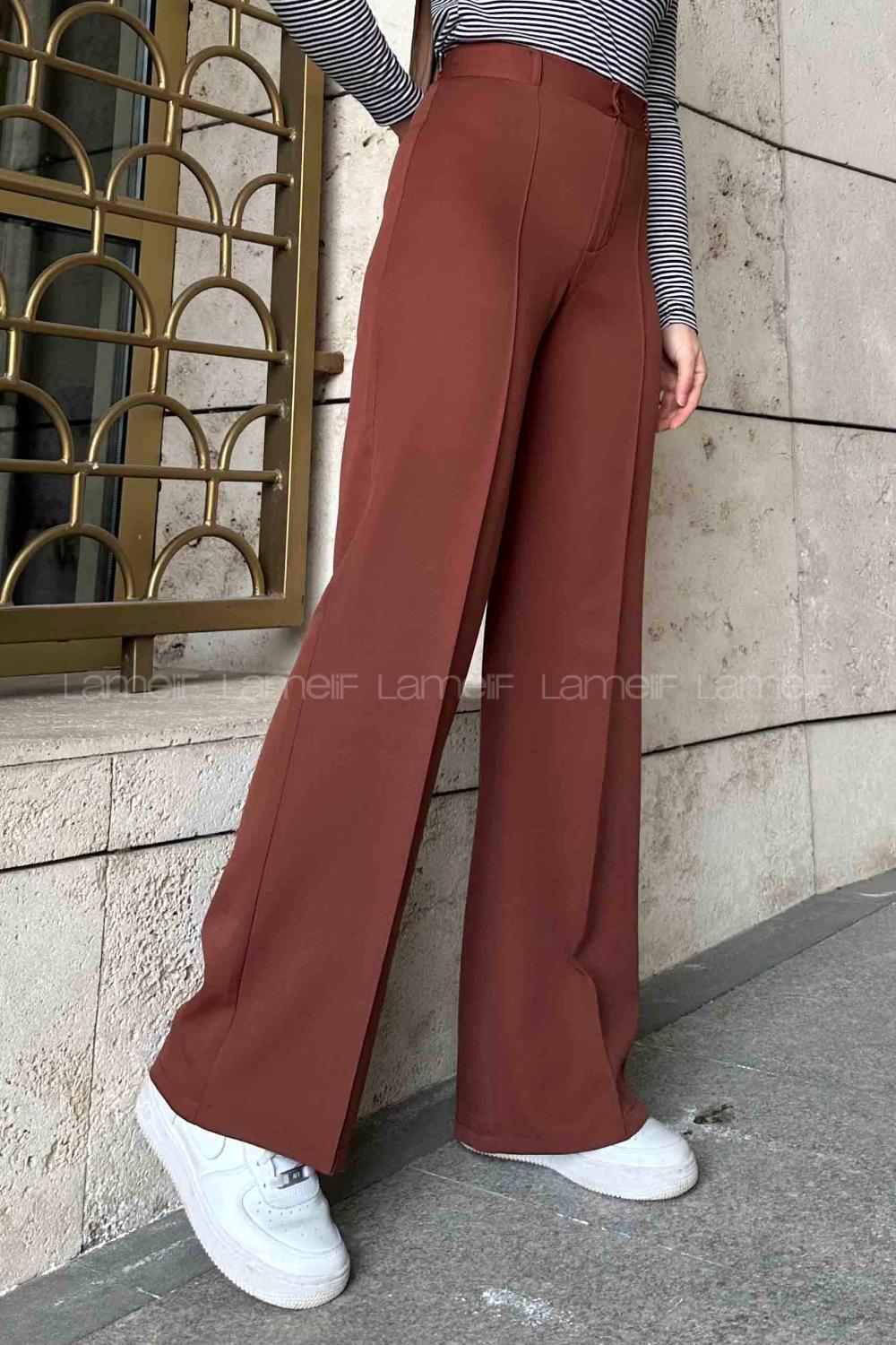 Lamelif Çımalı Bol Paça Pantolon Kahverengi