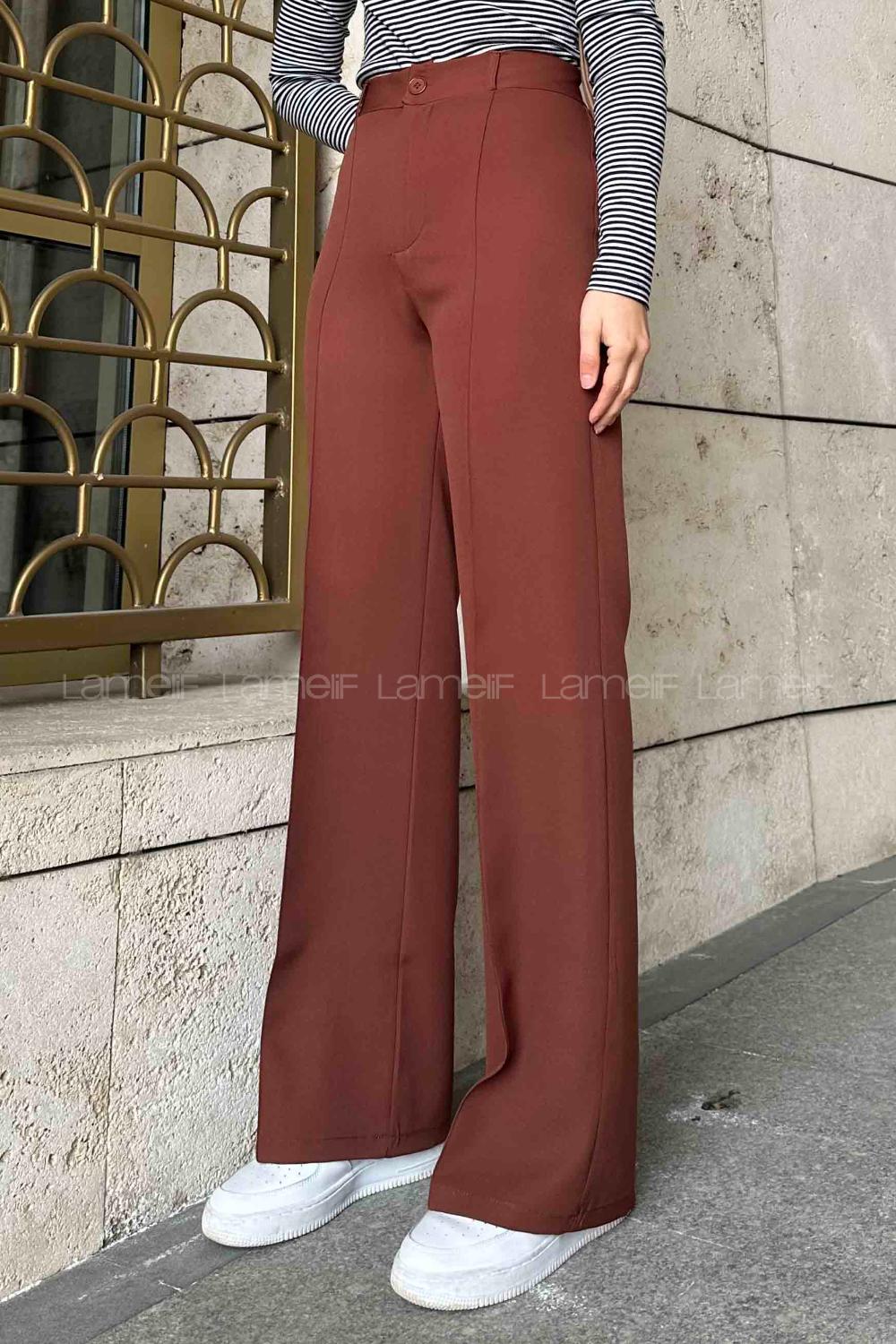 Lamelif Çımalı Bol Paça Pantolon Kahverengi