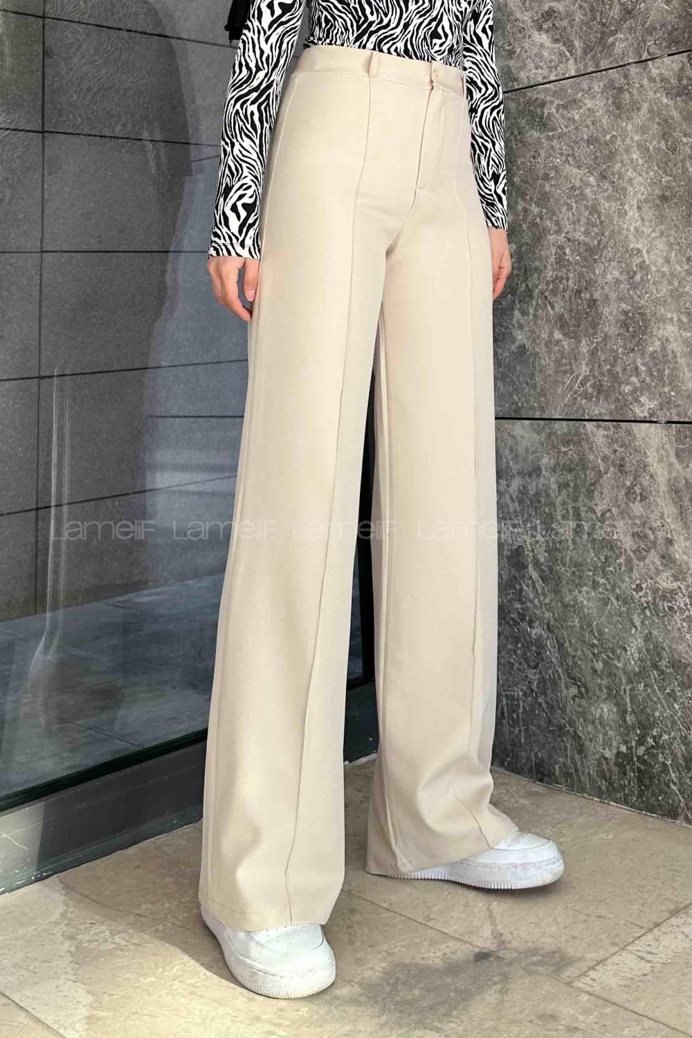 Lamelif Çımalı Bol Paça Pantolon Krem