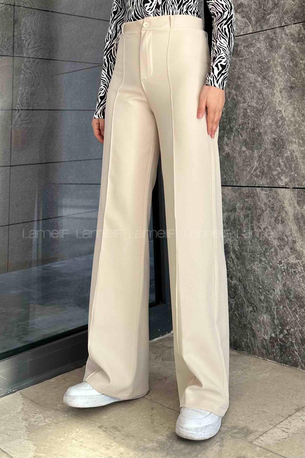 Lamelif Çımalı Bol Paça Pantolon Krem