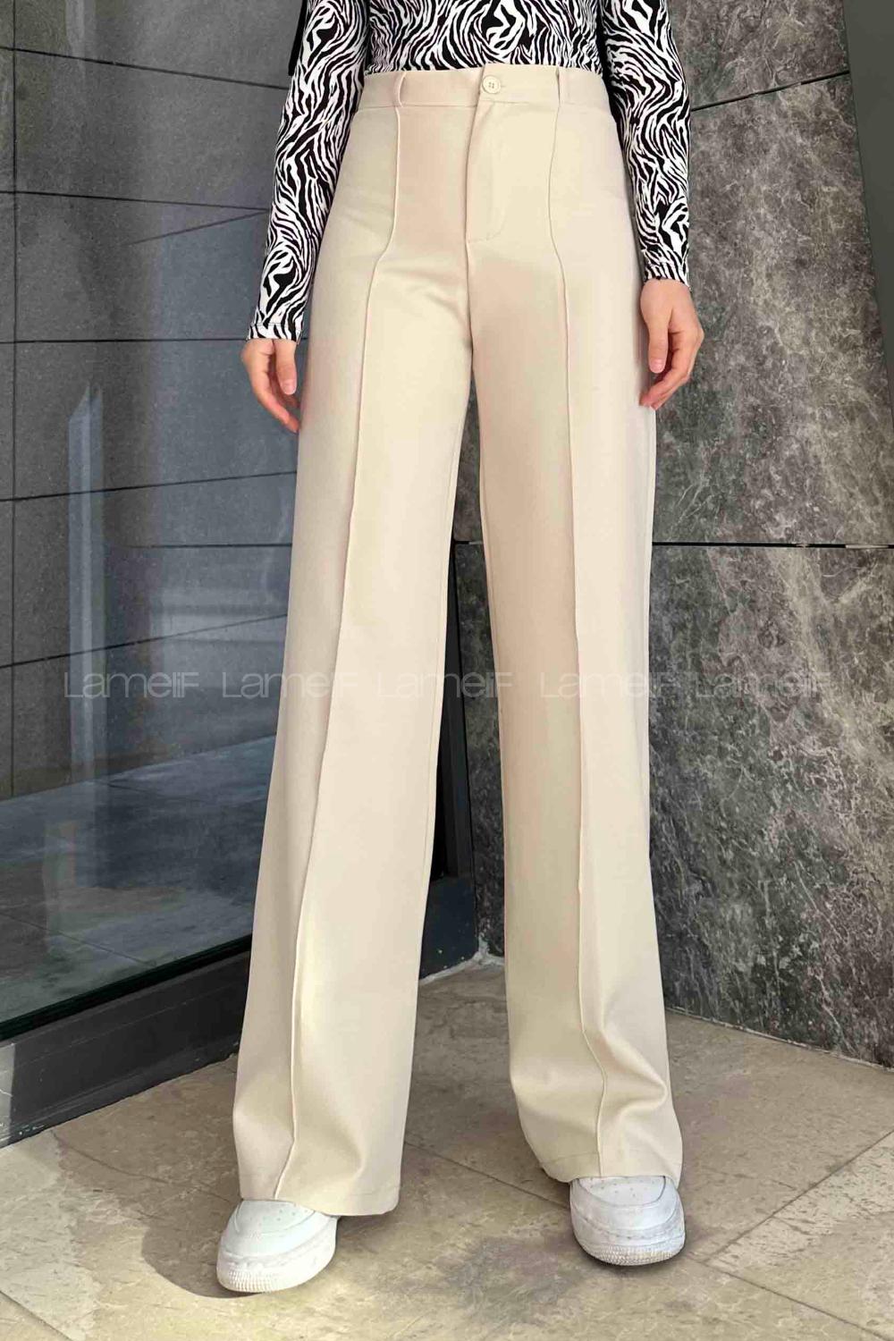 Lamelif Çımalı Bol Paça Pantolon Krem