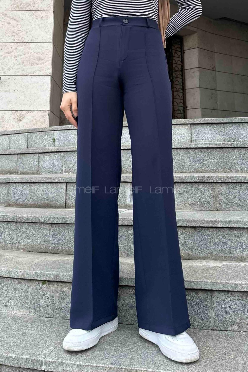 Lamelif Çımalı Bol Paça Pantolon Lacivert