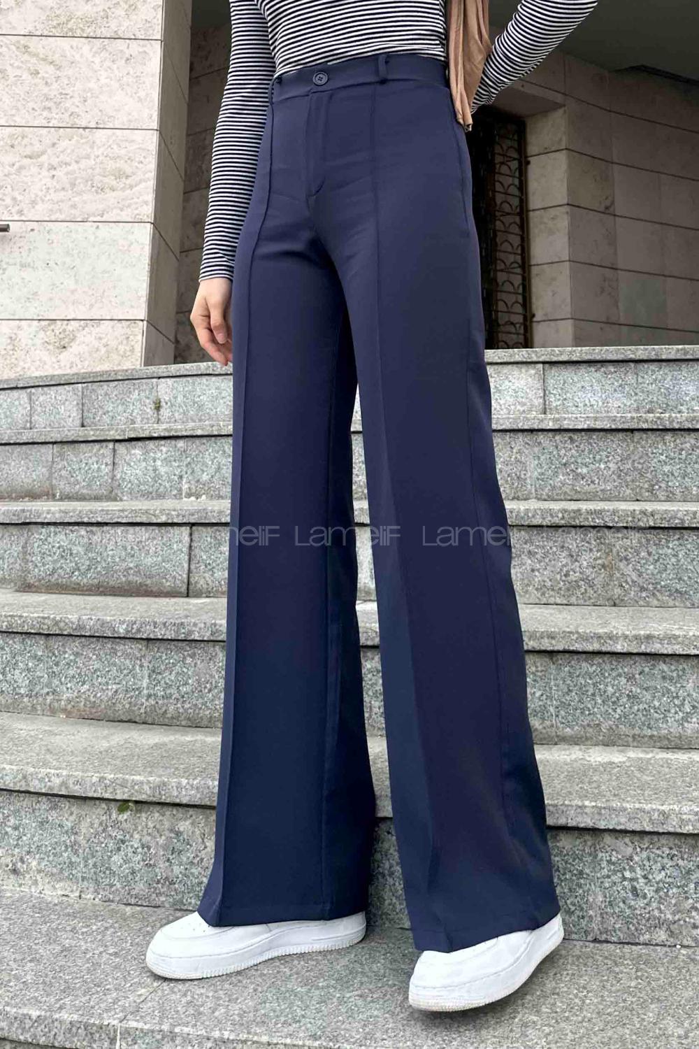 Lamelif Çımalı Bol Paça Pantolon Lacivert