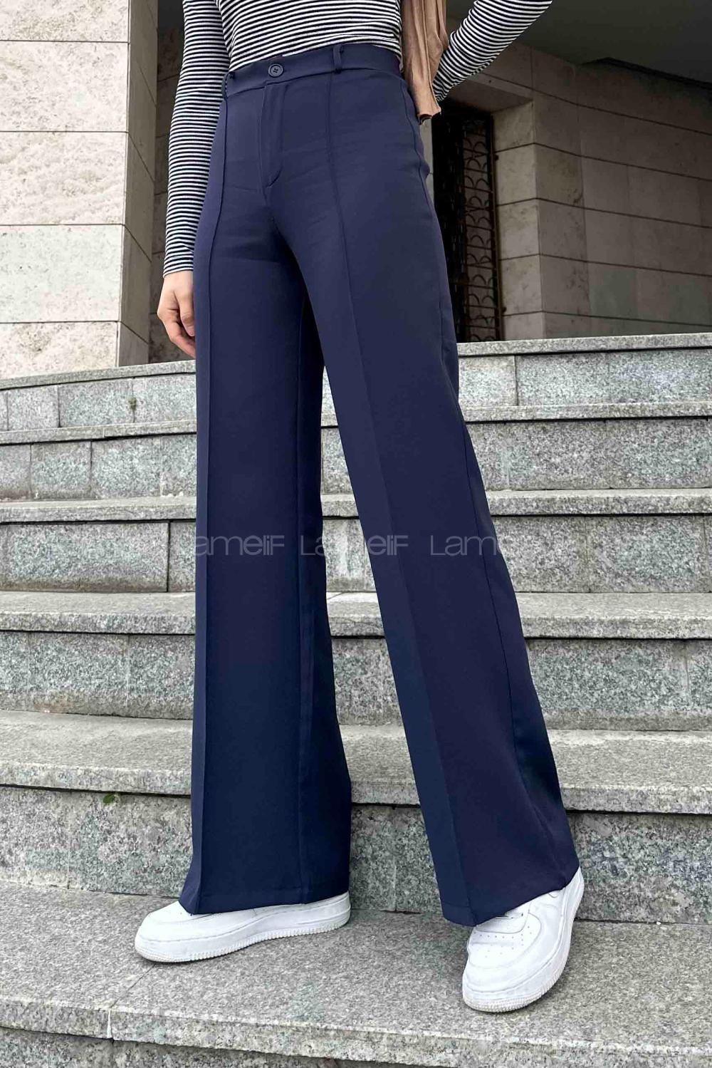 Lamelif Çımalı Bol Paça Pantolon Lacivert