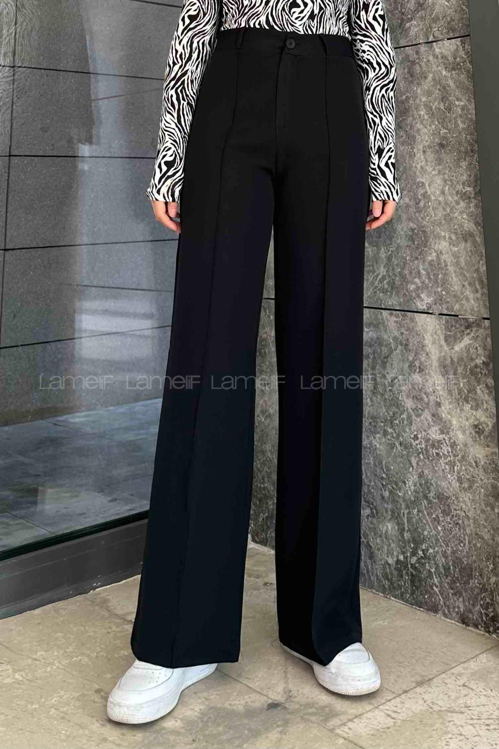 Lamelif Çımalı Bol Paça Pantolon Siyah