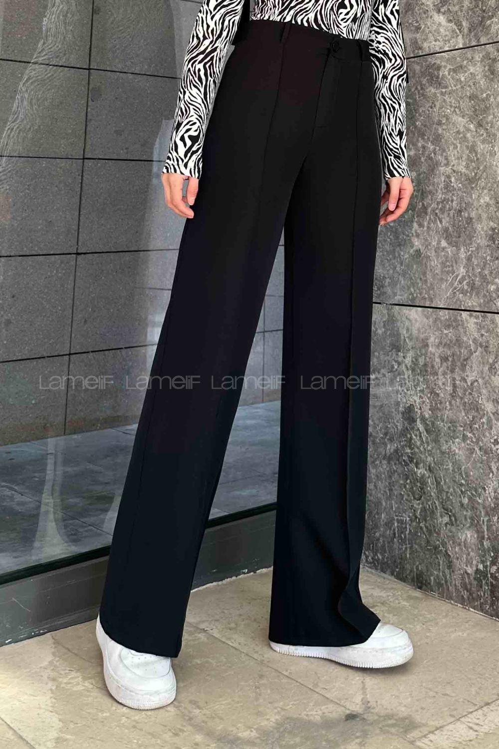 Lamelif Çımalı Bol Paça Pantolon Siyah
