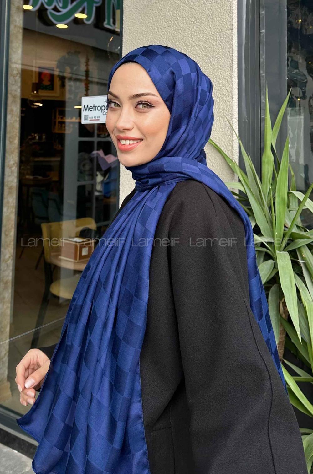 Lamelif Dama Desen Jakar Şal Gece Mavisi