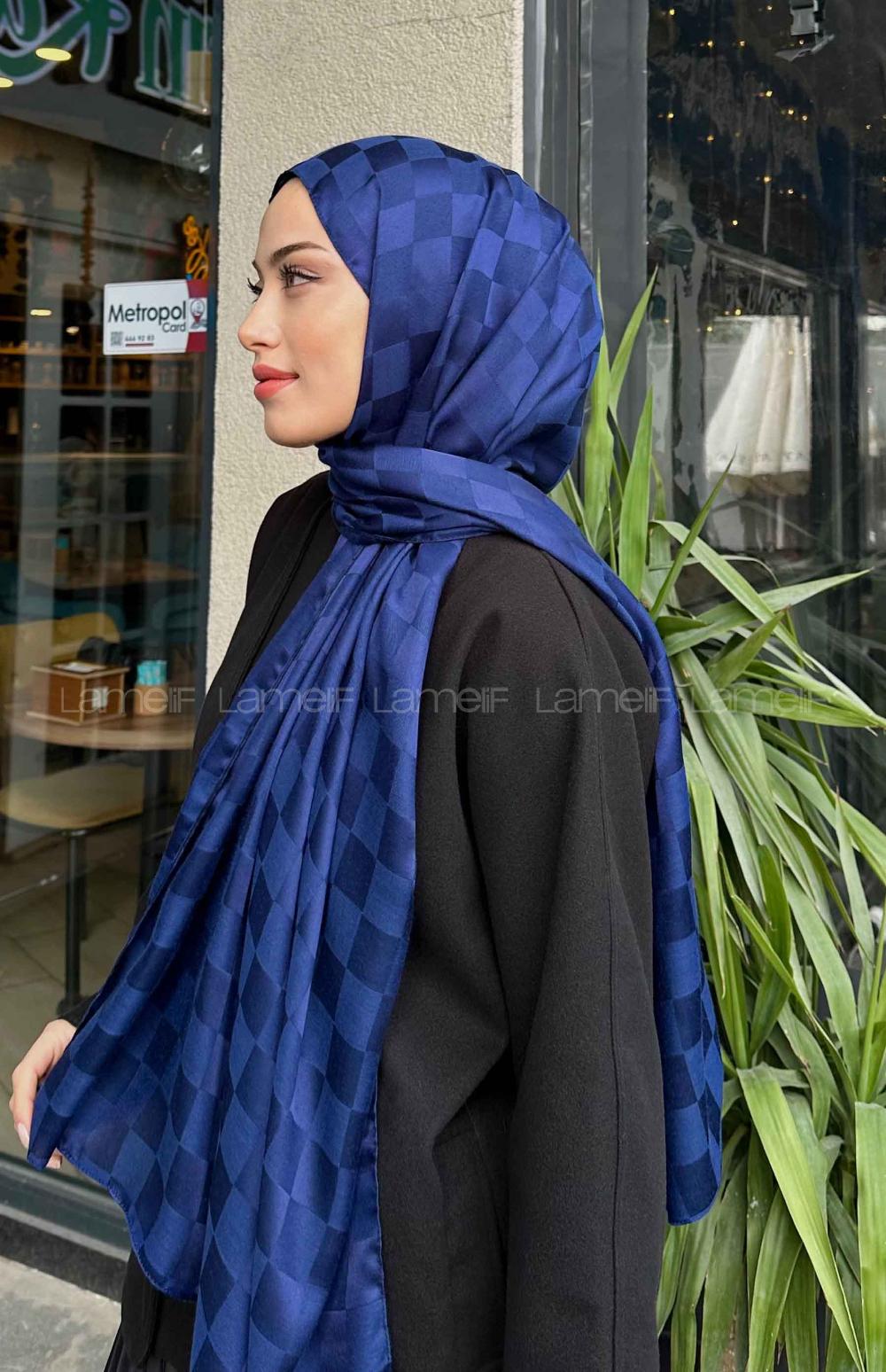 Lamelif Dama Desen Jakar Şal Gece Mavisi