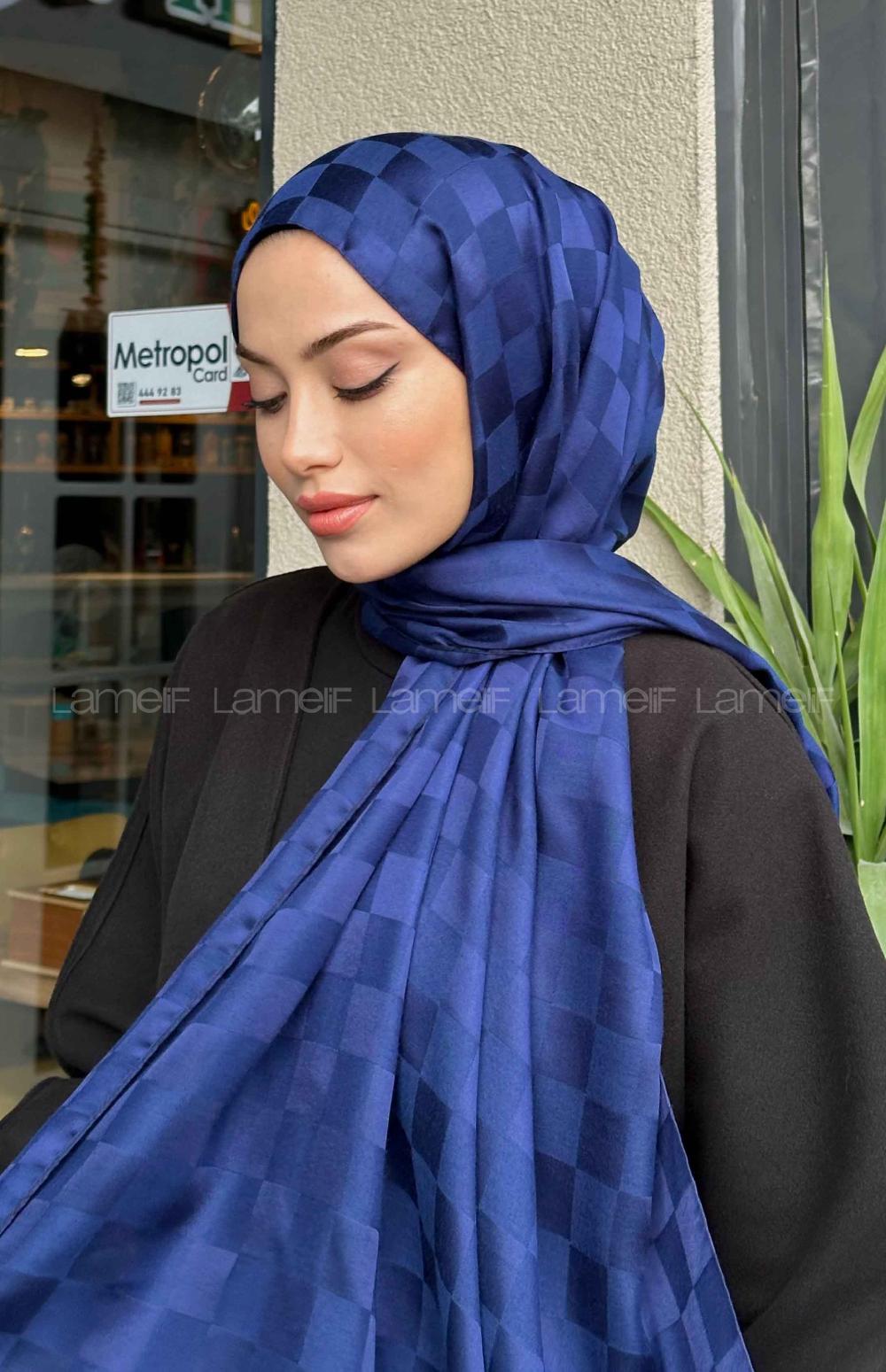 Lamelif Dama Desen Jakar Şal Gece Mavisi