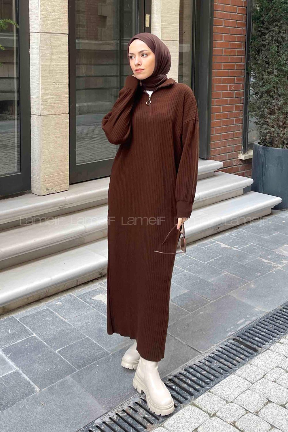 Lamelif Fermuarlı Fitilli Elbise Acı Kahve