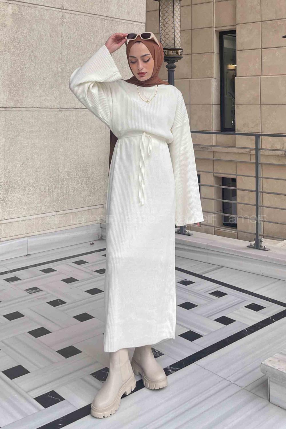 Lamelif Yarasa Kol Triko Tesettür Elbise Ekru