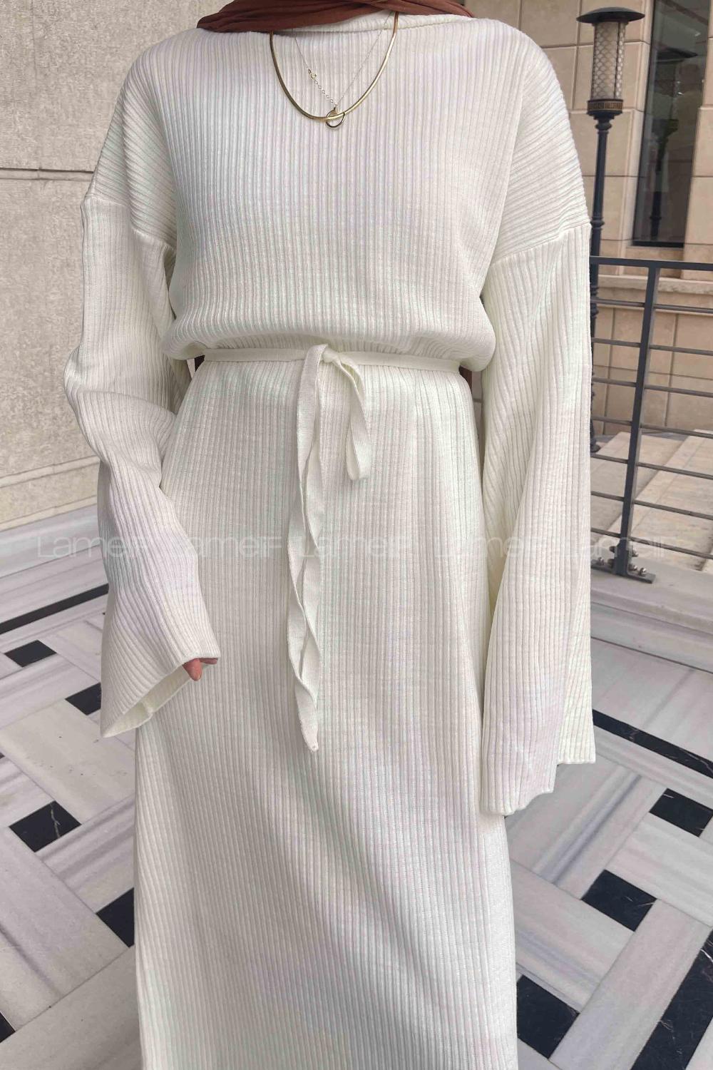 Lamelif Yarasa Kol Triko Tesettür Elbise Ekru