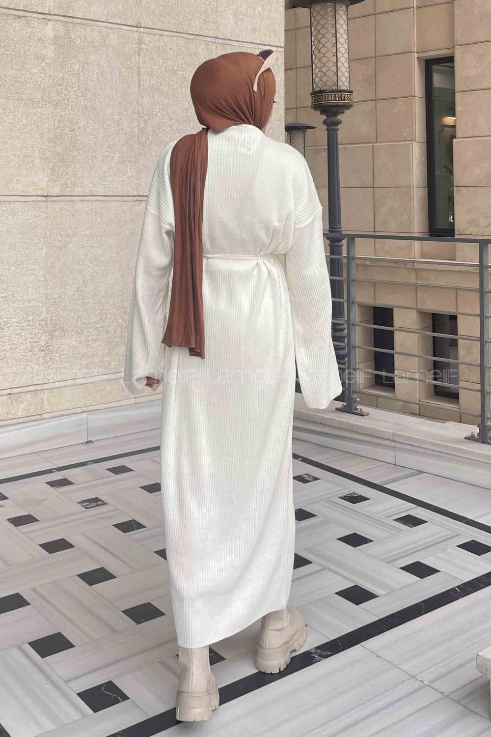 Lamelif Yarasa Kol Triko Tesettür Elbise Ekru