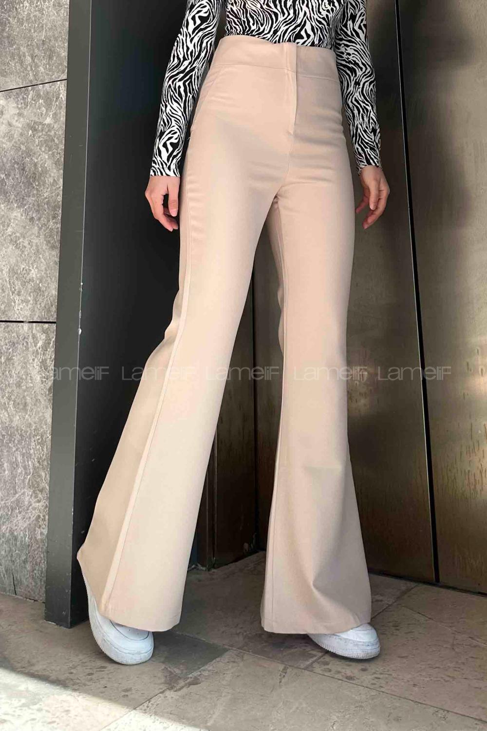 Lamelif Yüksek Bel İspanyol Paça Gizli Cep Pantolon Krem