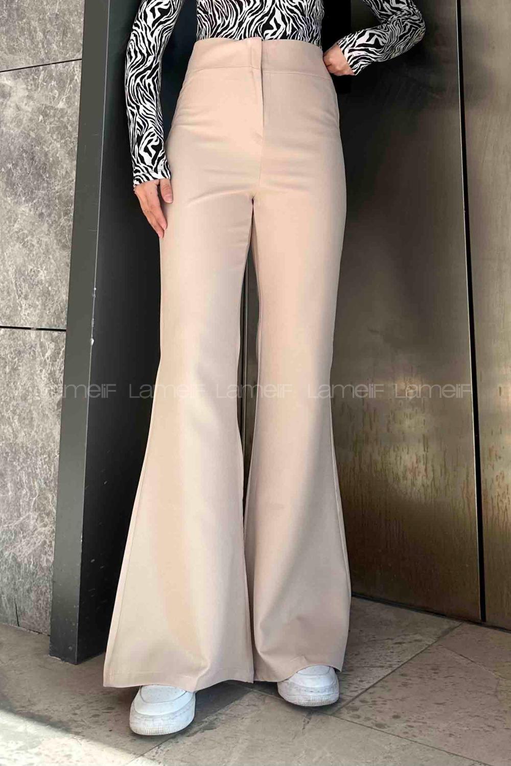 Lamelif Yüksek Bel İspanyol Paça Gizli Cep Pantolon Krem